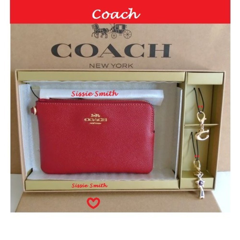 NWT Coach Gift Boxed Corner Zip Red Wristlet with Charms